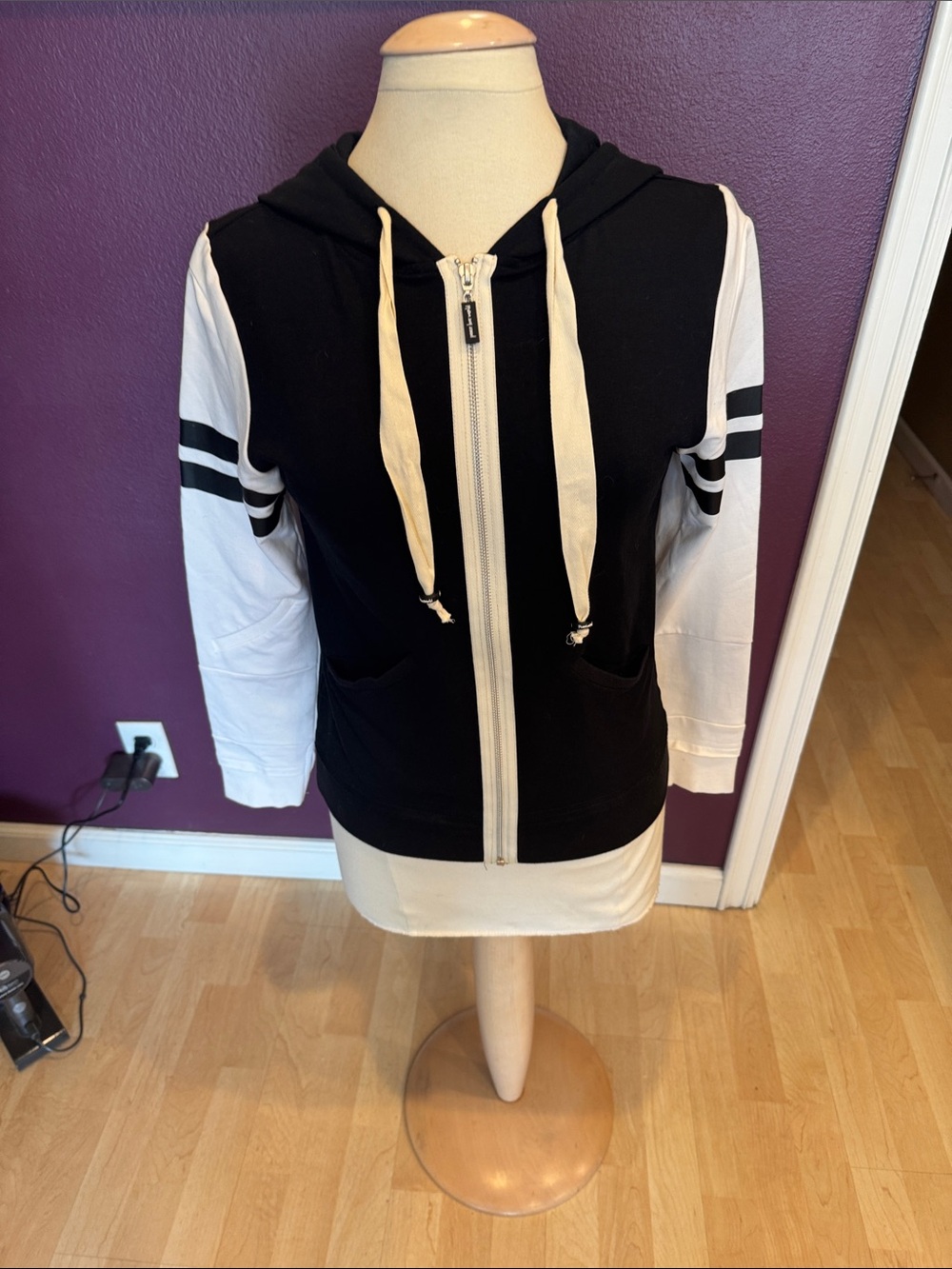 Peace Love World Black Hoodie with White Sleeve Stripes